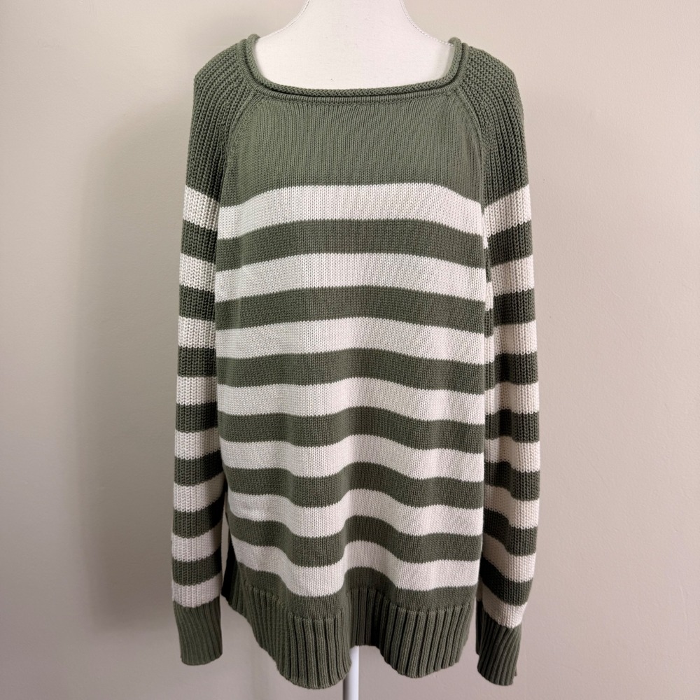 Aerie Olive Green Cream Striped Oversized Raglan Shaker Knit Sweater Size Medium